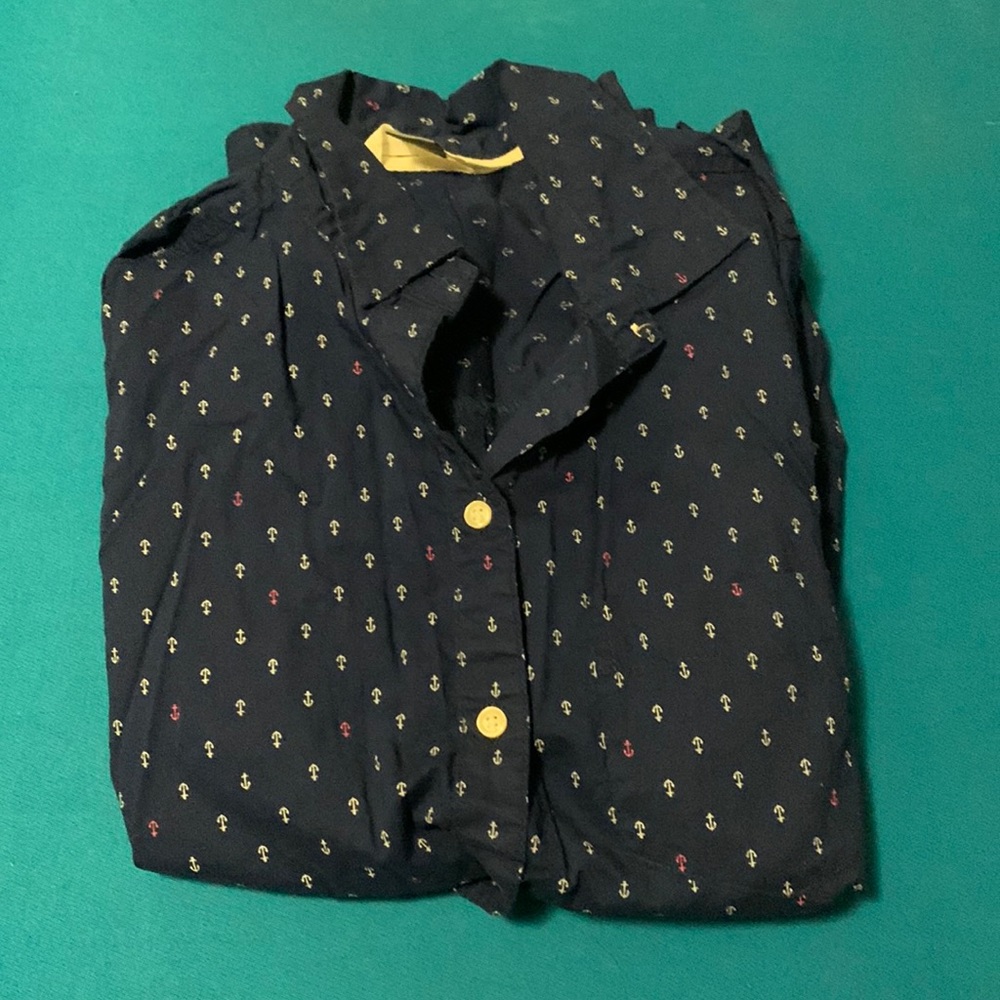 Navy button down with white and pink anchors.